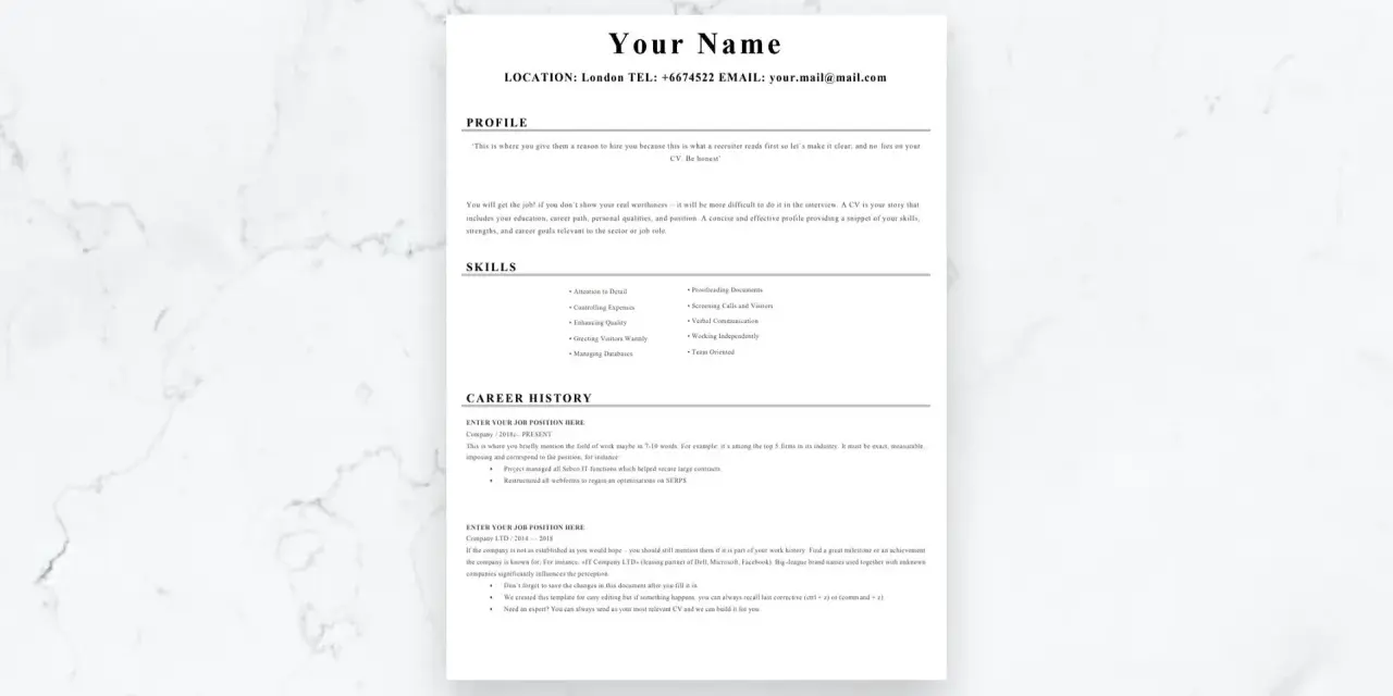 Proste CV wzór z sekcjami: Profil, Umiejętności i Historia zatrudnienia. Idealne do zaprezentowania Twoich kwalifikacji.