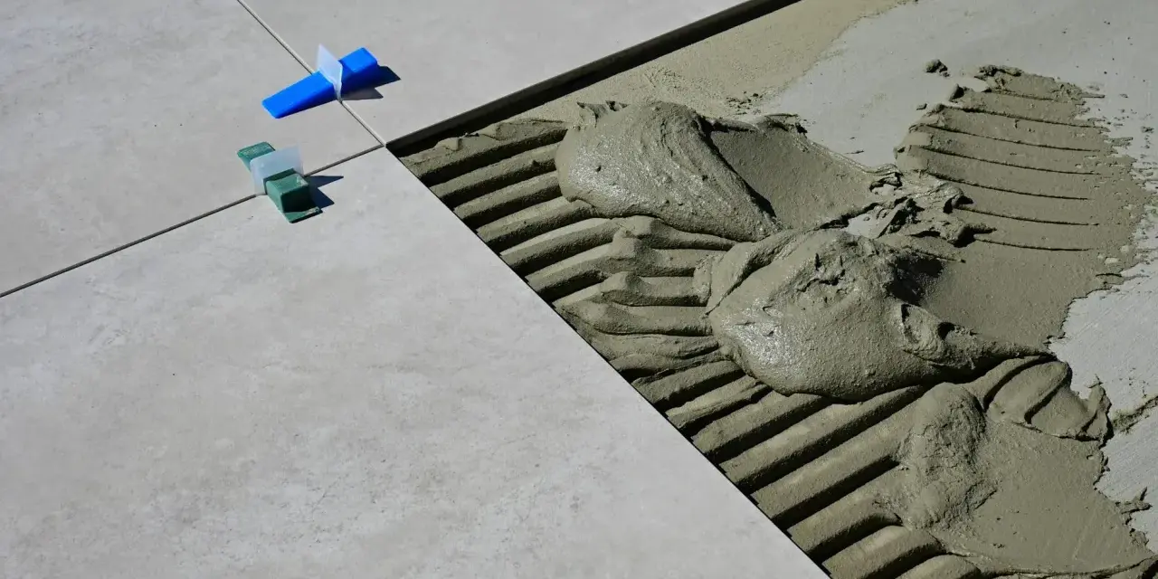 Płytki ceramiczne układane na kleju, widoczne kliny dystansowe i precyzyjnie określona szerokość fugi.
