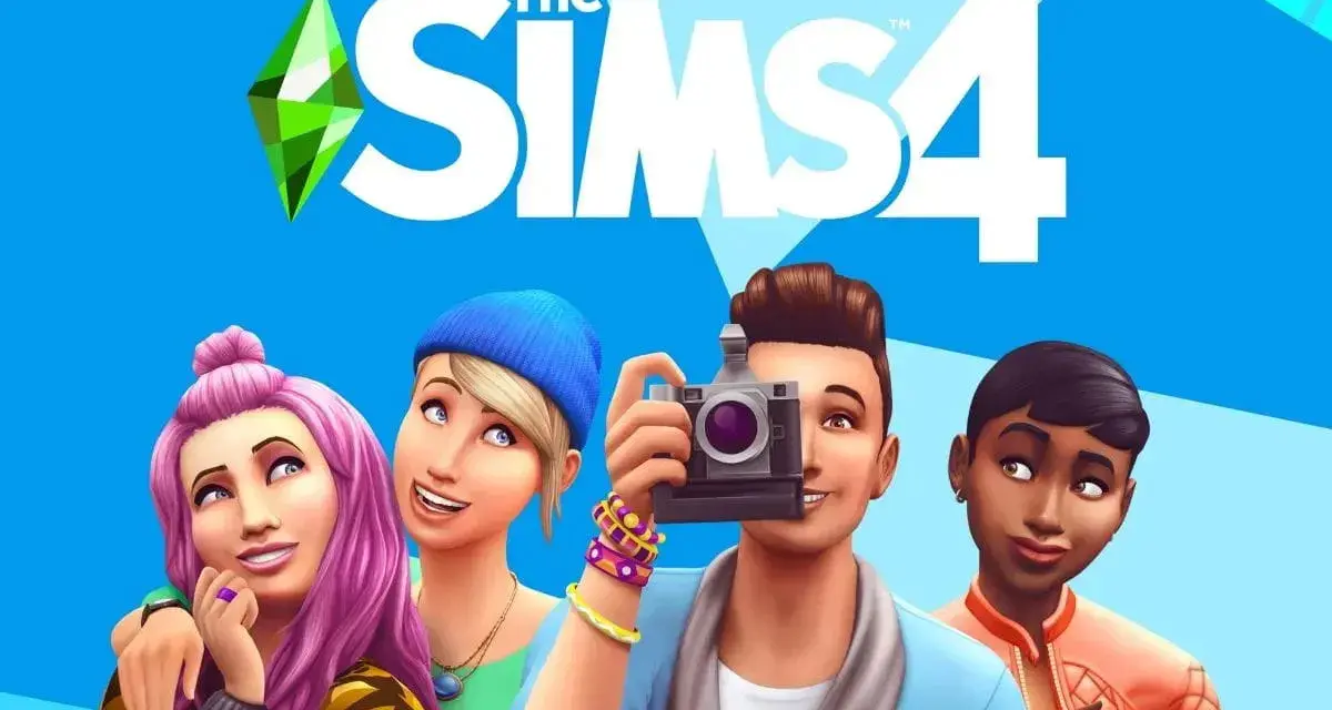 Grafika z logo The Sims 4 i czterema Simami, jeden z nich robi zdjęcie aparatem.