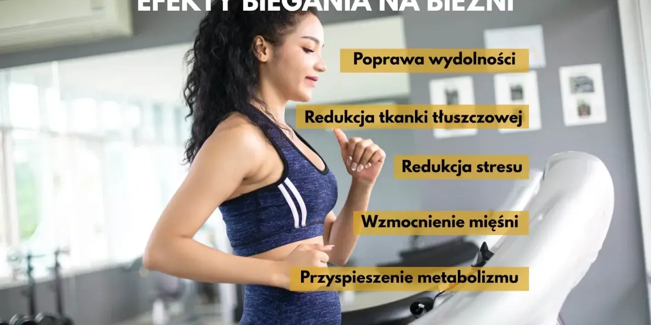 Kobieta ćwiczy na bieżni, czerpiąc korzyści z treningu: poprawa wydolności, redukcja tkanki tłuszczowej i stresu, wzmocnienie mięśni, przyspieszenie metabolizmu.