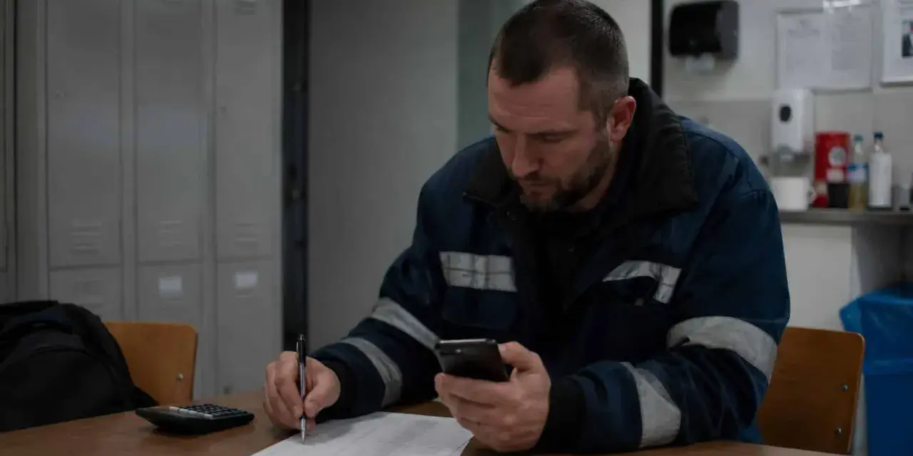 Pracownik w roboczym ubraniu sprawdza telefon, notując coś na papierze. Może to być jego dodatek nocny 2025.