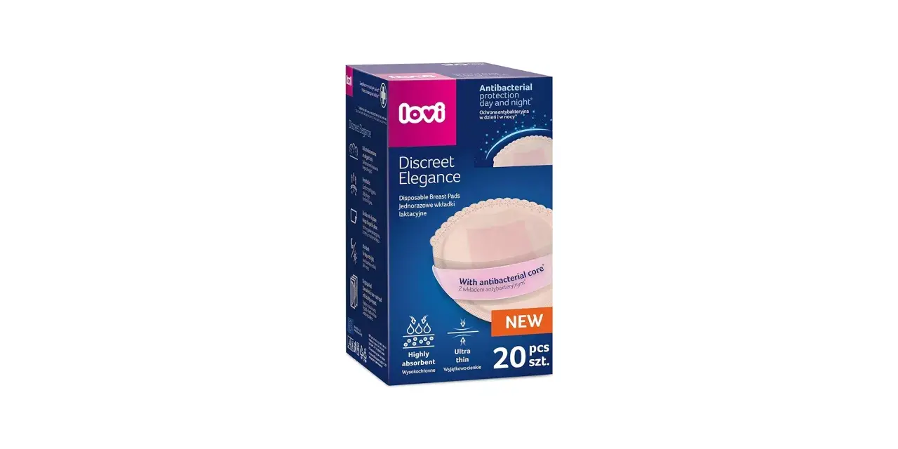 Opakowanie wkładek laktacyjnych Lovi Discreet Elegance, 20 sztuk, z antybakteryjnym wkładem, wysoce chłonne i cienkie.