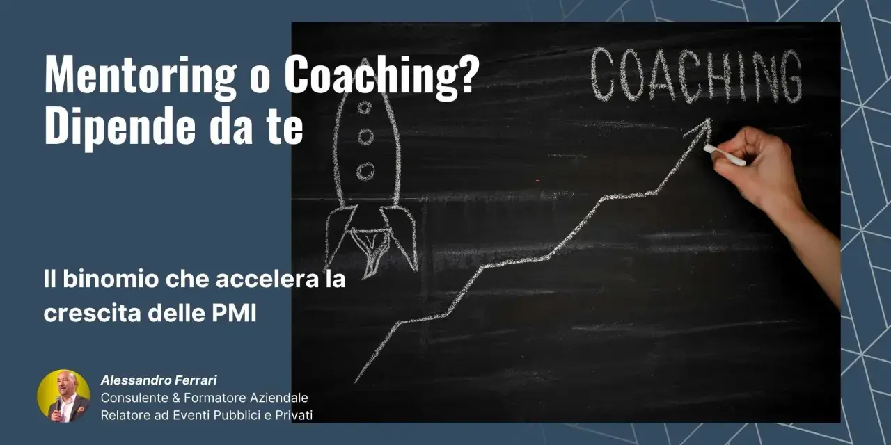 Il mentoring aziendale e il coaching accelerano la crescita delle PMI. Una lavagna con razzo e grafico in salita.