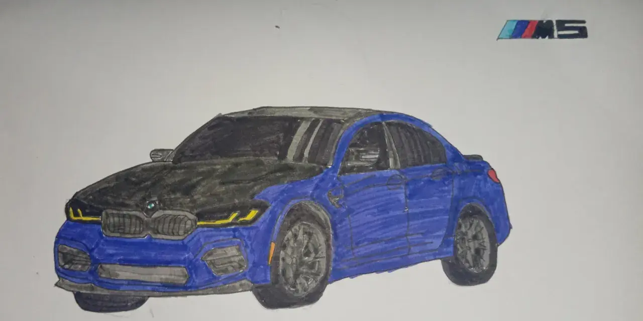 Rysunek przedstawia niebieskie auto BMW M5. Oto jak narysować auto BMW M5 krok po kroku.