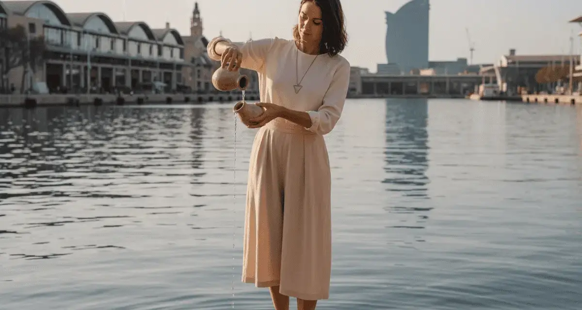 Mujer con vasijas vertiendo agua, evoca la templanza y la torre del tarot.