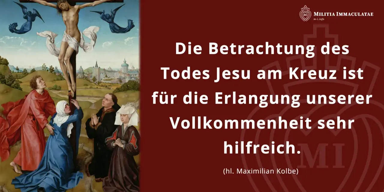 Jesus am Kreuz, umgeben von Engeln und betenden Menschen. Die Szene symbolisiert Erlösung und Vollkommenheit.