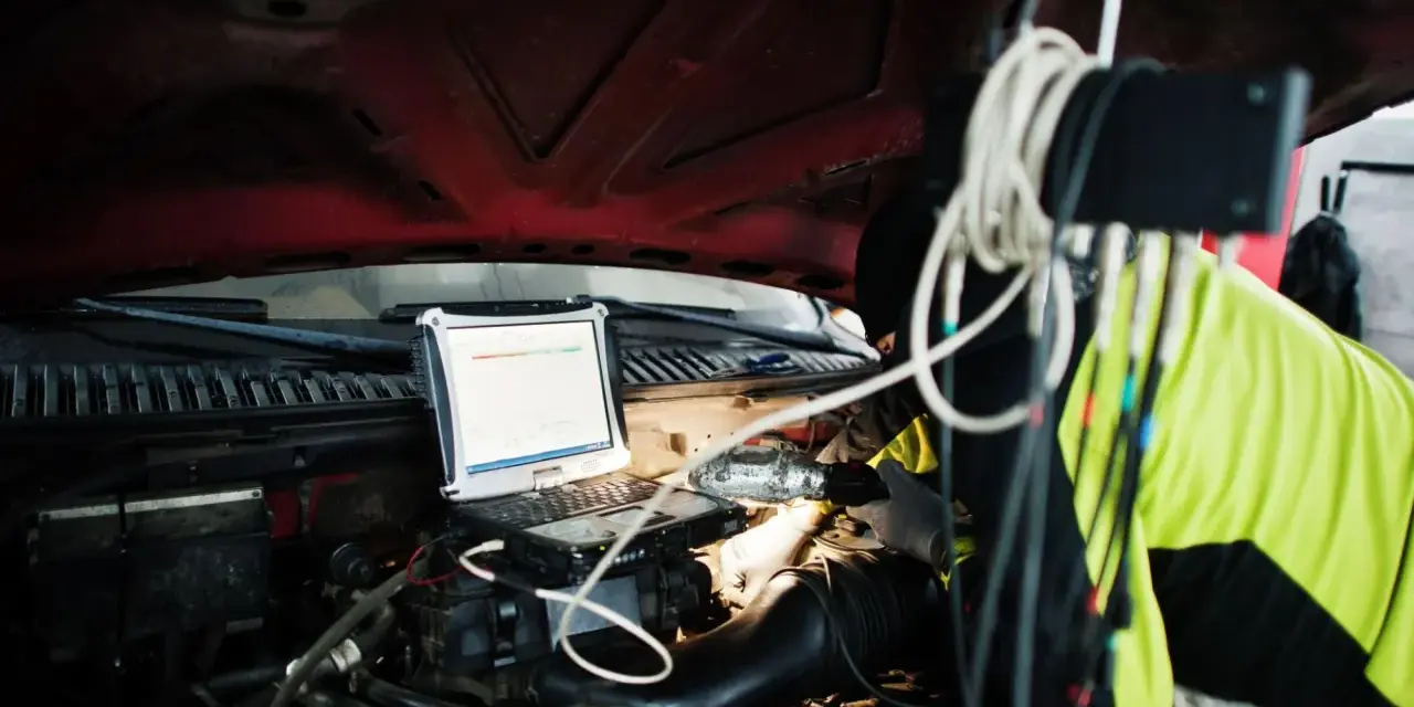 Mechanik diagnozuje problem DTC P0606 Renault za pomocą laptopa pod maską.