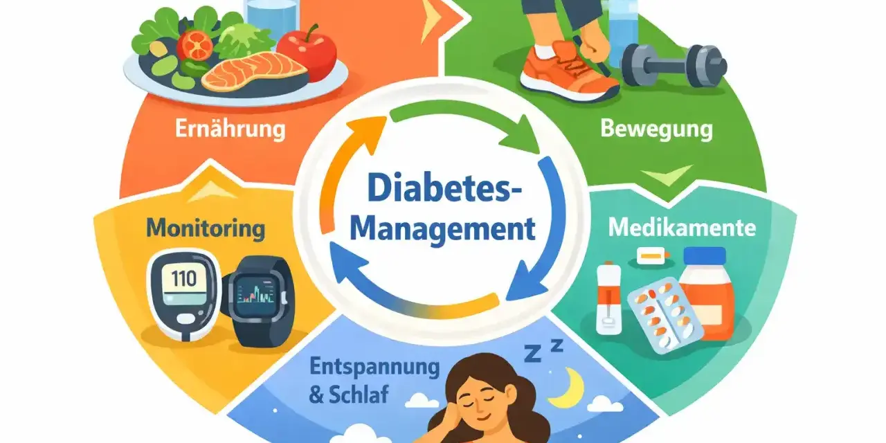 Kreislauf für Diabetes-Management: Ernährung, Bewegung, Medikamente, Entspannung & Schlaf, Monitoring.