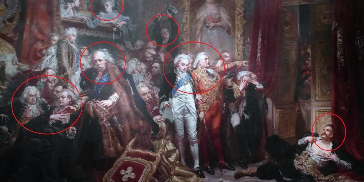 Szlachcic z obrazu Jana Matejki, w czerwonym stroju, otoczony innymi postaciami, w tym kobietami na balkonie.
