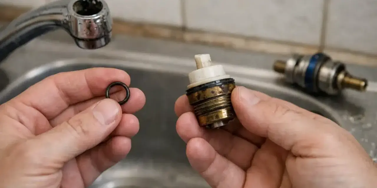 Mains pour remplacer joint robinet ancien. Une bague d'étanchéité noire est tenue dans une main, à côté d'une cartouche de robinet démontée.