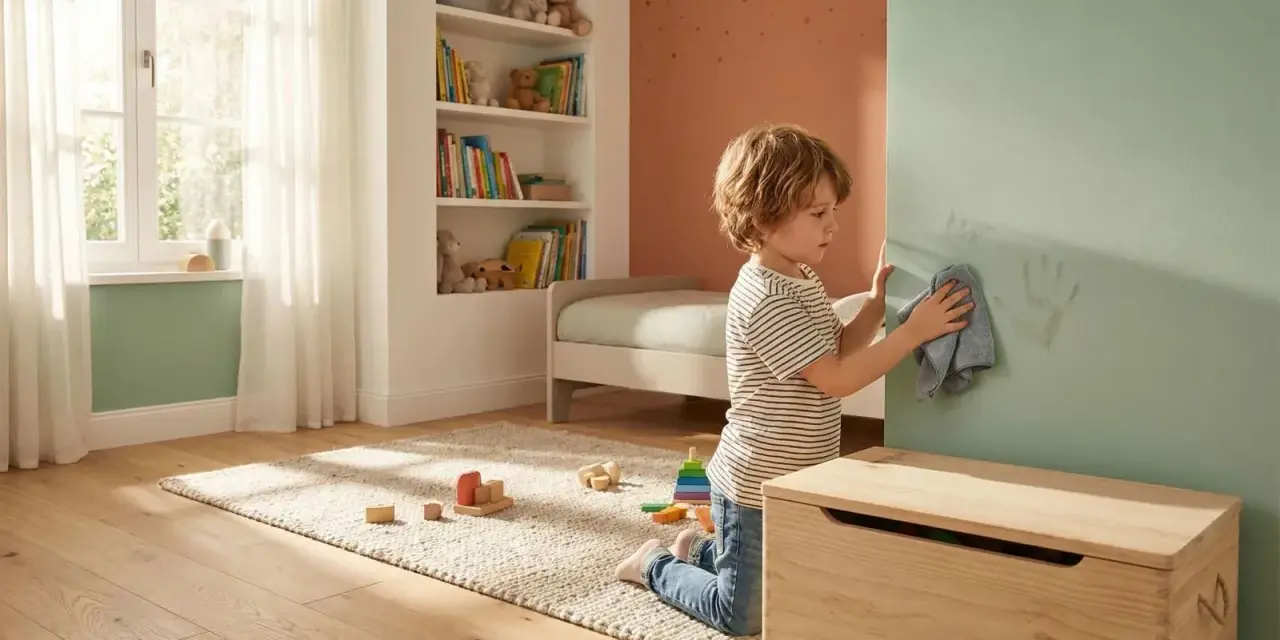 Niño limpiando huellas de manos en una pared con pintura pizarra. Juguetes y cama infantil en la habitación.