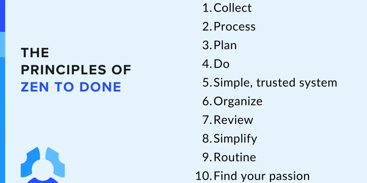 The Principles of Zen to Done: a list of 10 steps from Collect to Find your passion, guiding you to a simple, trusted system.