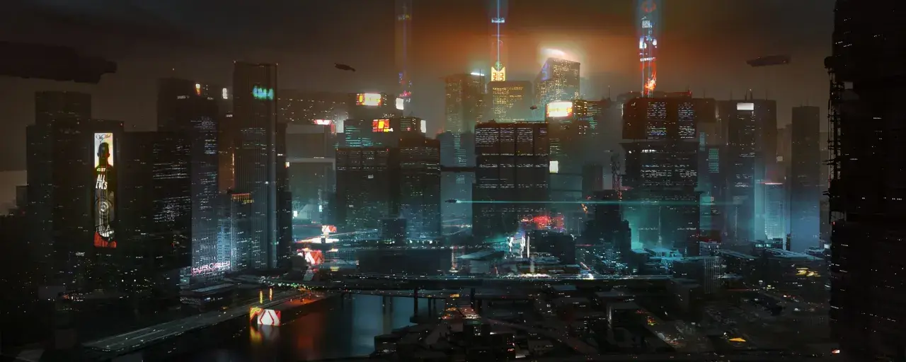 Noche futurista en Night City, con rascacielos iluminados y vehículos voladores. ¿Cuánto dura Cyberpunk 2077? La aventura te espera.