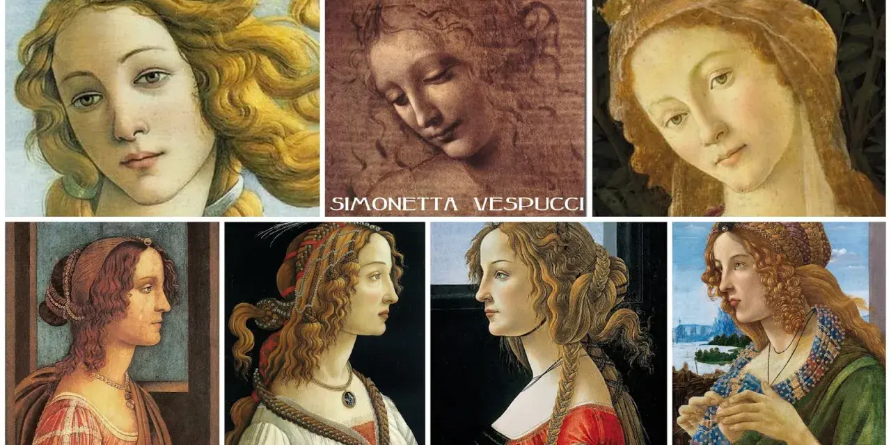 Portrety kobiet z epoki renesansu, być może inspirowane przez Medyceuszy. Widać tu różne ujęcia i stylizacje, z dominującymi blond włosami i delikatnymi rysami twarzy.