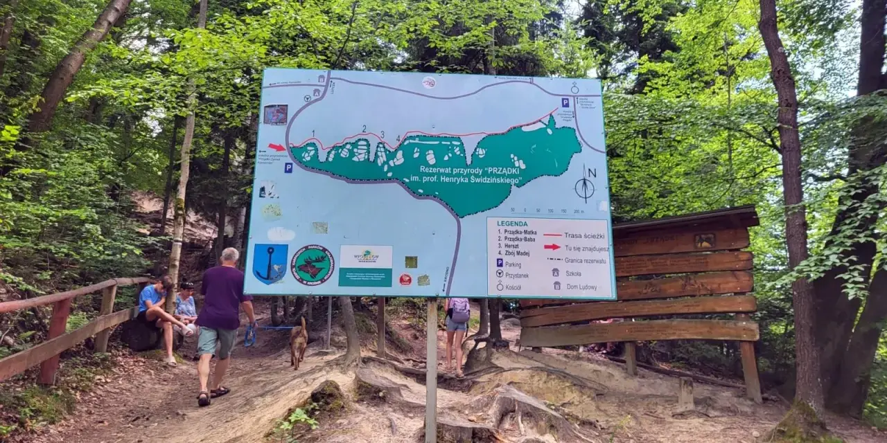 Mapa szlaku w rezerwacie przyrody "Prządki" im. prof. Henryka Świdzińskiego. Turyści z psem zwiedzają malowniczą okolicę.