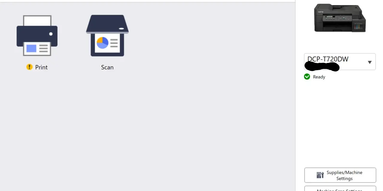 Ekran główny aplikacji Brother iPrint&Scan. Widzimy ikony drukowania i skanowania, przycisk "Create Workflow" oraz panel z informacją o drukarce DCP-T720DW. To dobry punkt wyjścia, by dowiedzieć się, jak zainstalować drukarkę Brother.