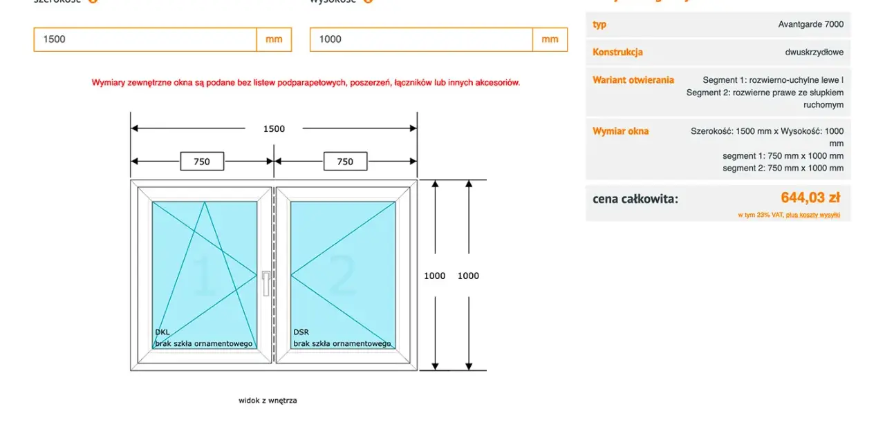 Schemat dwuskrzydłowego okna PCV z wymiarami 1500x1000 mm i ceną 644,03 zł.