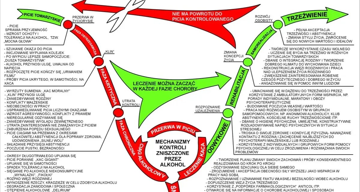 Diagram przedstawia koło zmiany w uzależnieniu od alkoholu, od fazy ostrzegawczej do trzeźwienia i rehabilitacji.
