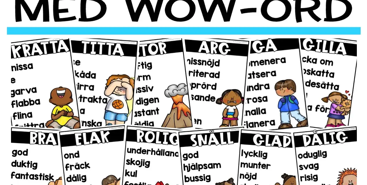 En färgstark plansch med rubriken "Bygg upp ordförrådet med WOW-ord". Flera ordkategorier visas med illustrationer, en beskrivande text om en plats.