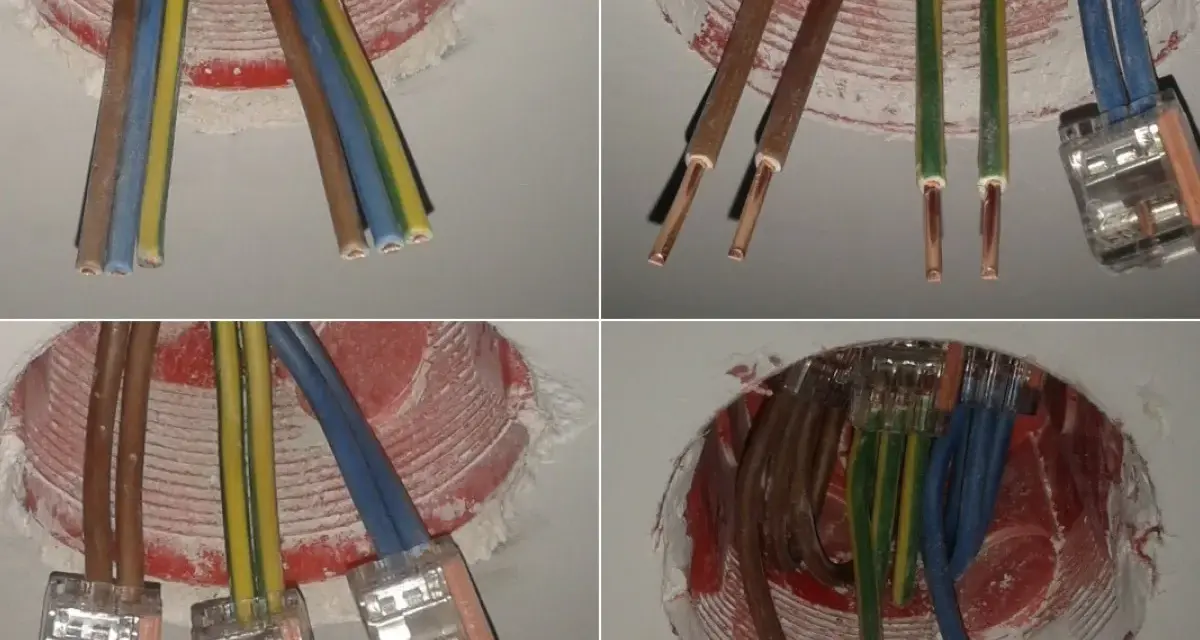 Cztery zbliżenia na instalację elektryczną: przewody w puszce, połączone złączkami.