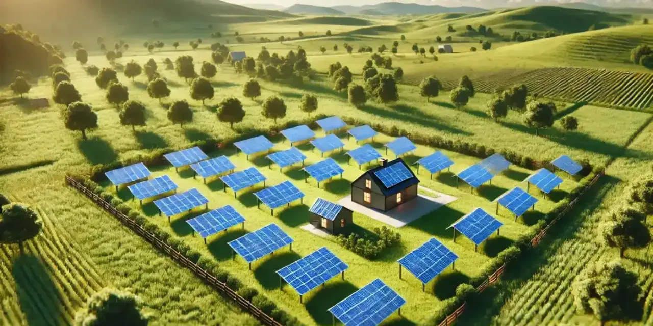 Zielona dolina z rzędami paneli słonecznych. Farma fotowoltaiczna otoczona drzewami i polami, z domkiem w centrum.