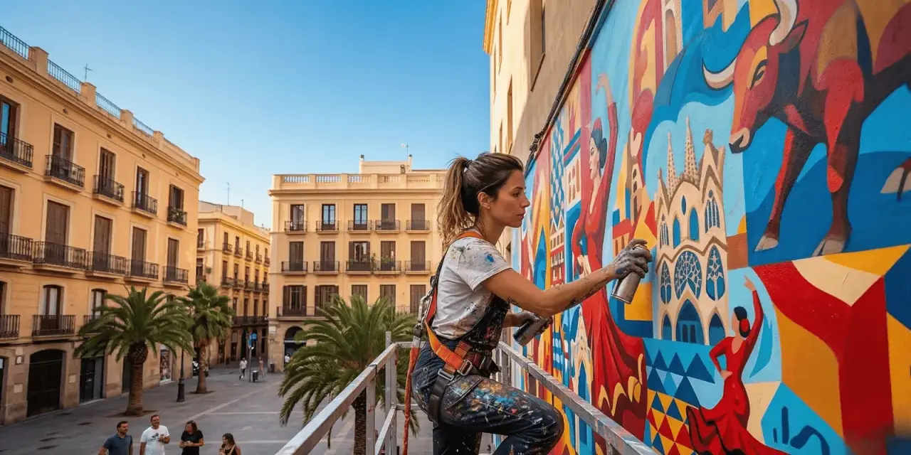 Artista crea mural vibrante con toros y bailarinas, un ejemplo de hiperrealismo pintura en plena calle.