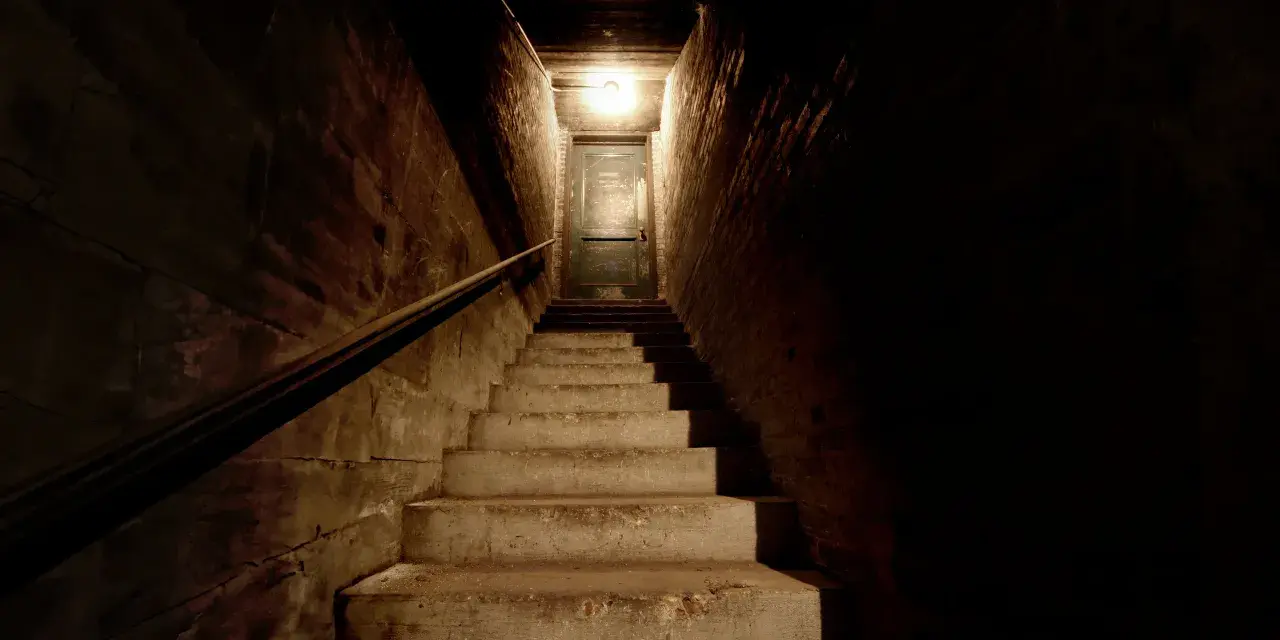 Escaleras de hormigón que bajan hacia una puerta en un sótano oscuro con una luz tenue.