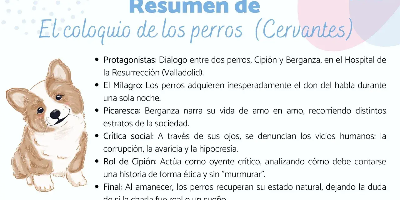 Resumen de "El coloquio de los perros": dos perros hablan, critican la sociedad y narran sus vidas. Al final, vuelven a la normalidad.