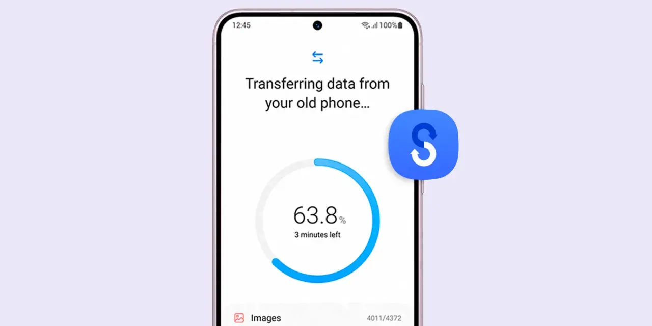 En Samsung-telefon visar dataöverföring från en gammal telefon. Appar och bilder flyttas, 63,8% klart.