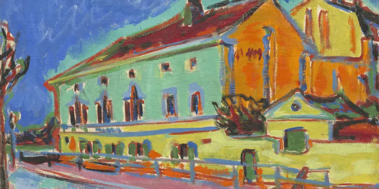 Une maison aux couleurs vives, typique de l'expressionnisme allemand, avec un ciel bleu intense et des touches de rouge, jaune et vert.