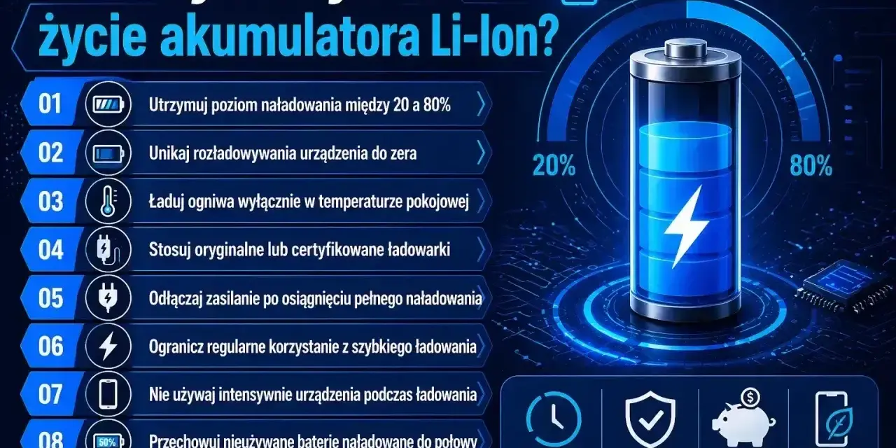 Wskazówki dotyczące ładowania akumulatora Li-Ion: utrzymuj poziom 20-80%, unikaj rozładowania do zera, używaj oryginalnych ładowarek.