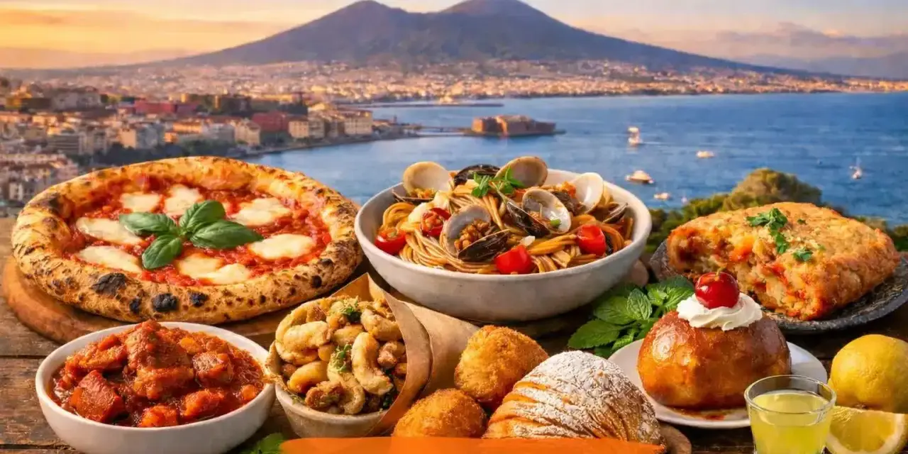 Un banchetto di piatti tipici napoletani: pizza, spaghetti alle vongole, ragù, fritture e dolci, con il Vesuvio sullo sfondo.