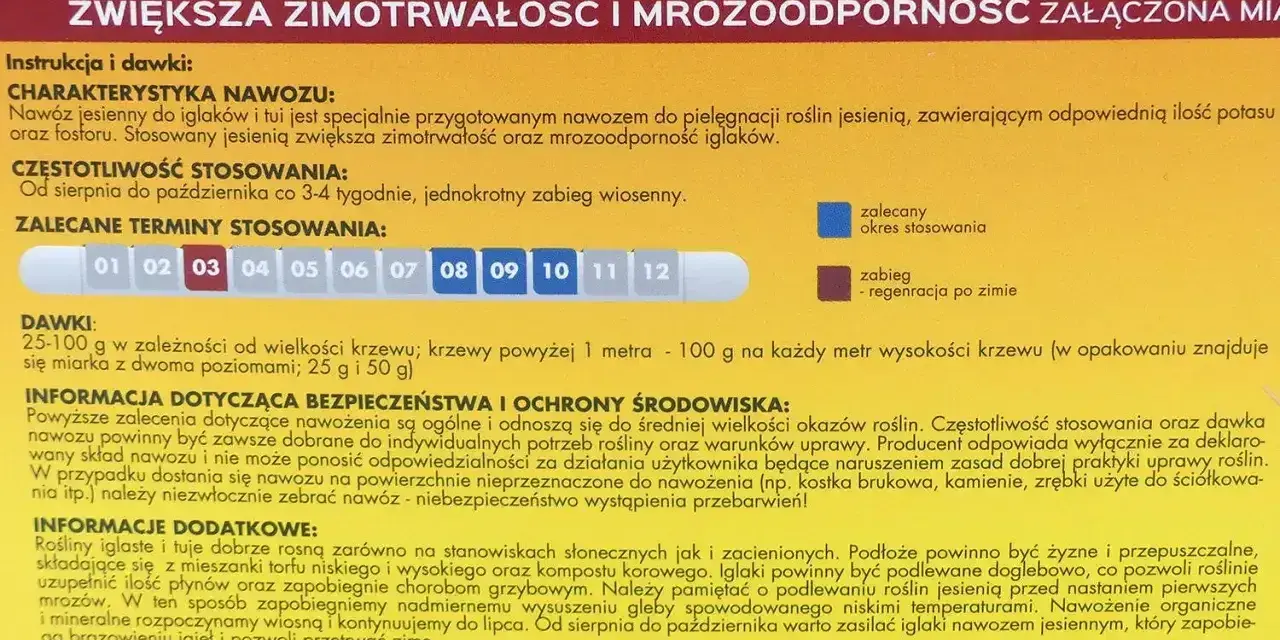 Nawóz jesienny do iglaków i tui. Zwiększa zimotrwałość i mrozoodporność. Idealny nawóz pod tuje na wiosnę, by zapewnić im zdrowie.
