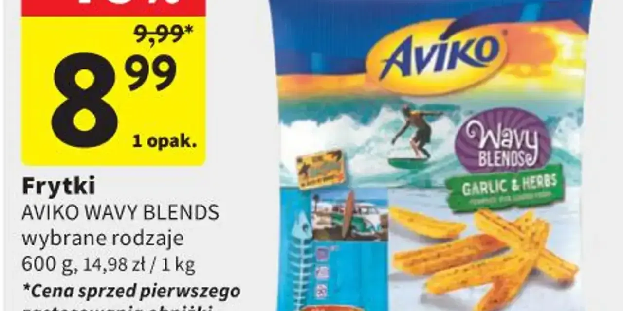 Opakowanie frytek Aviko Wavy Blends z surferskim motywem i informacją o promocji -10%.