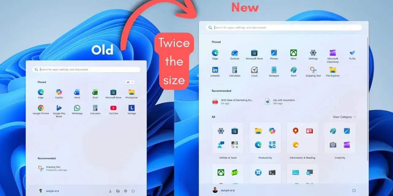 Porównanie menu startowego Windows 11: stare, mniejsze, z ikonami aplikacji i polem wyszukiwania, kontra nowe, dwa razy większe, z większą liczbą opcji i rekomendacjami.