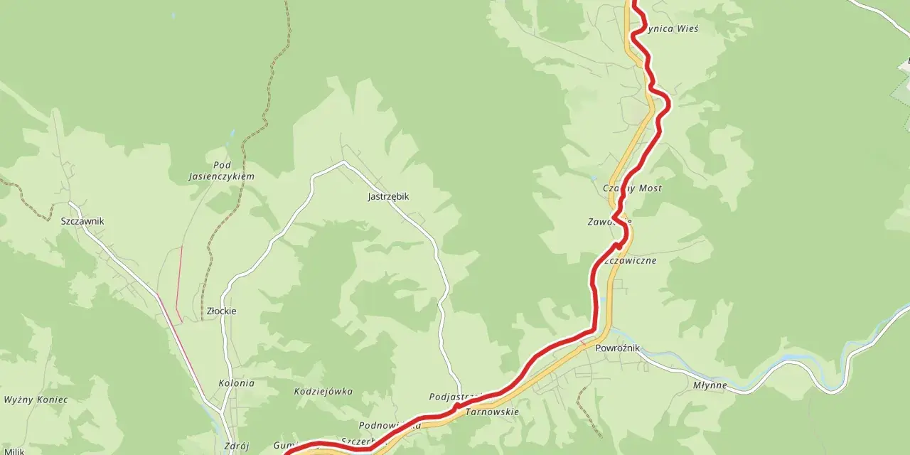 Mapa z zaznaczoną trasą rowerową velo krynica, prowadzącą przez Muszynę, Złockie i okolice Popradzkiego Parku Krajobrazowego.