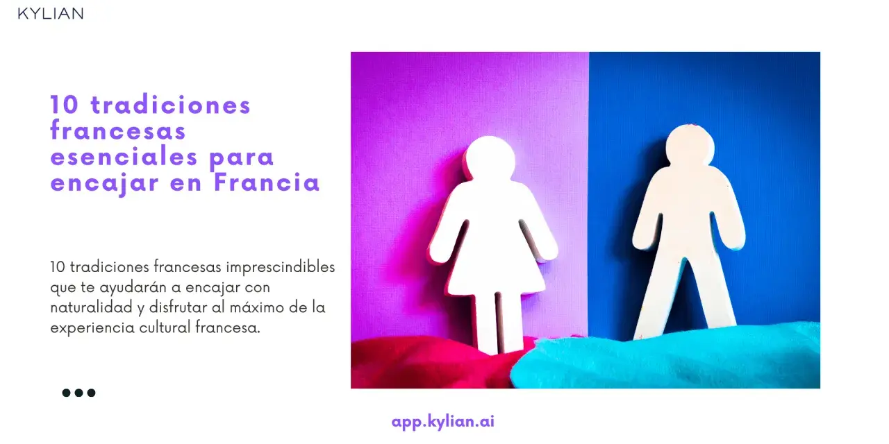 Figuras humanas blancas sobre fondos de colores vibrantes, representando 10 tradiciones francesas para integrarse.