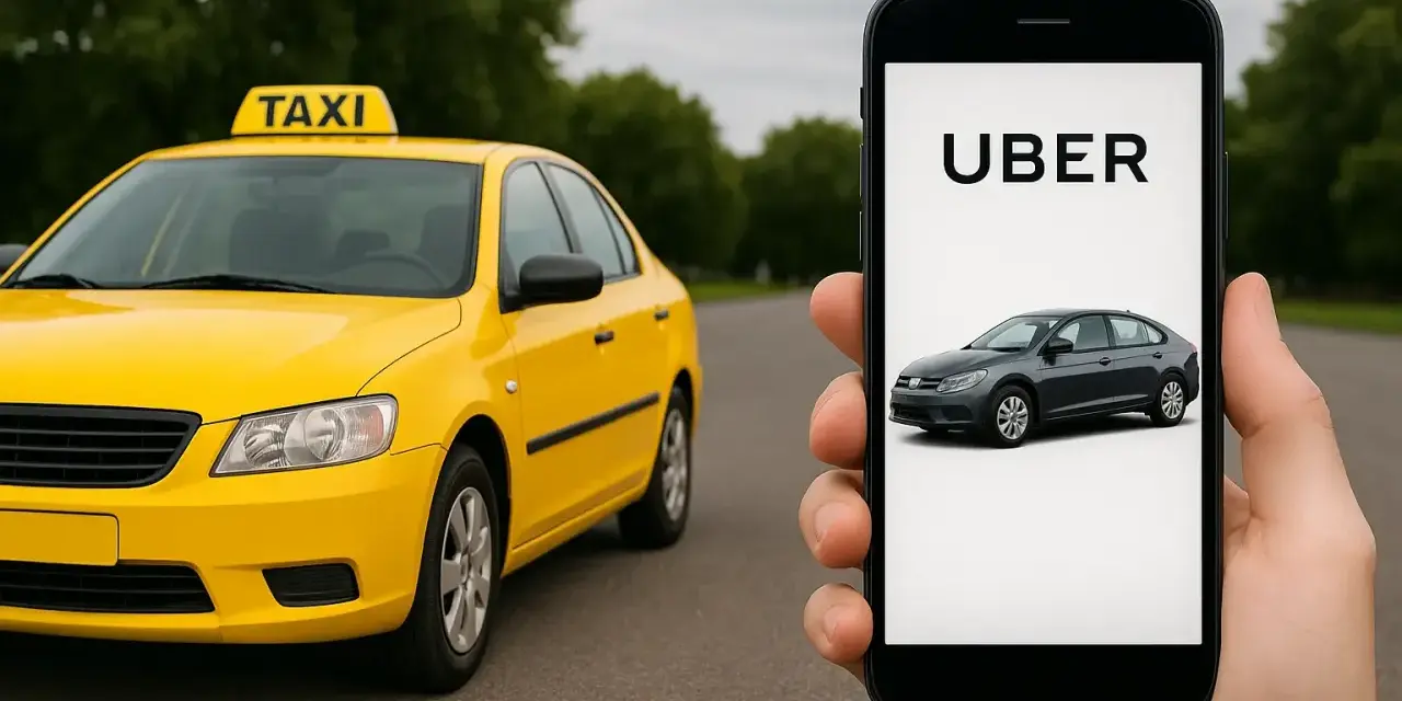 Żółta taksówka i smartfon z aplikacją Uber. Rozważasz koszty firmy jednoosobowej taxi?