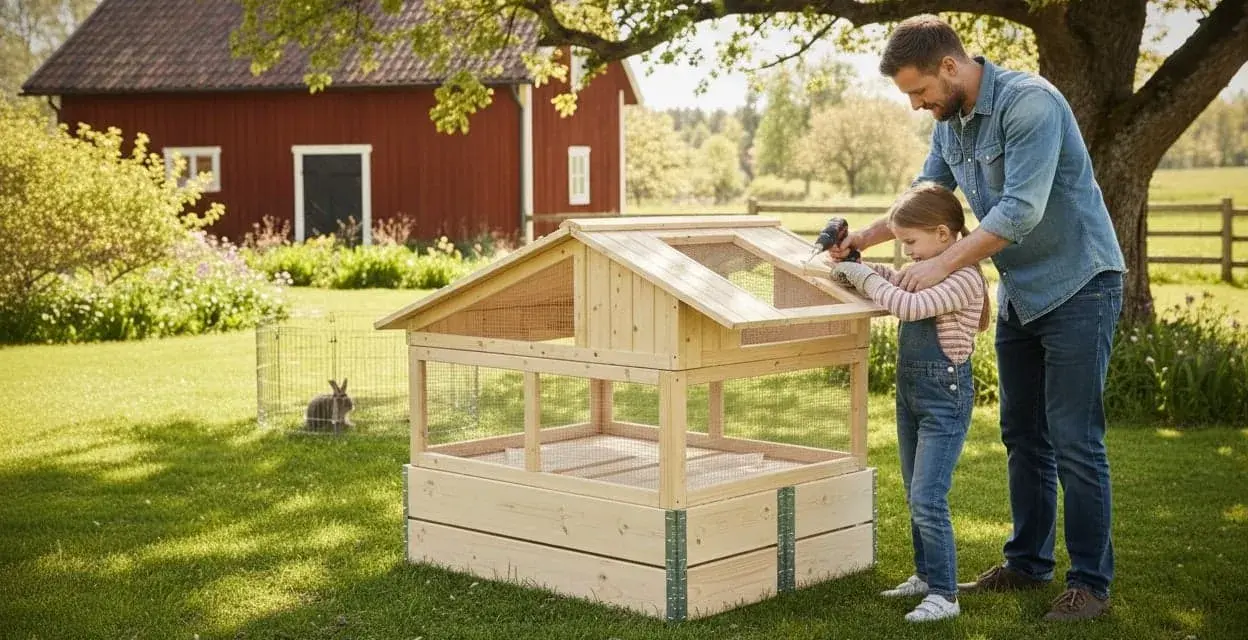 Pappa och dotter bygger en kaninbur utomhus. En kanin sitter i en annan bur i bakgrunden.