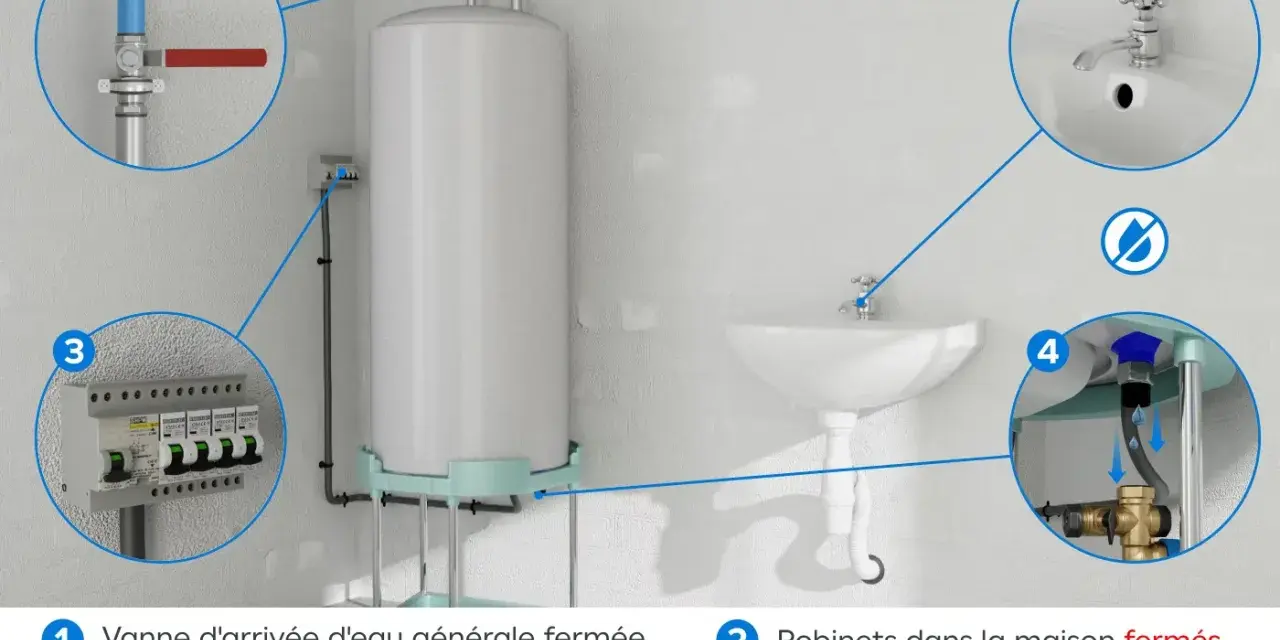 Illustration montrant les étapes pour sécuriser une installation : vanne d'eau fermée, électricité coupée, robinets fermés et le groupe de sécurité.
