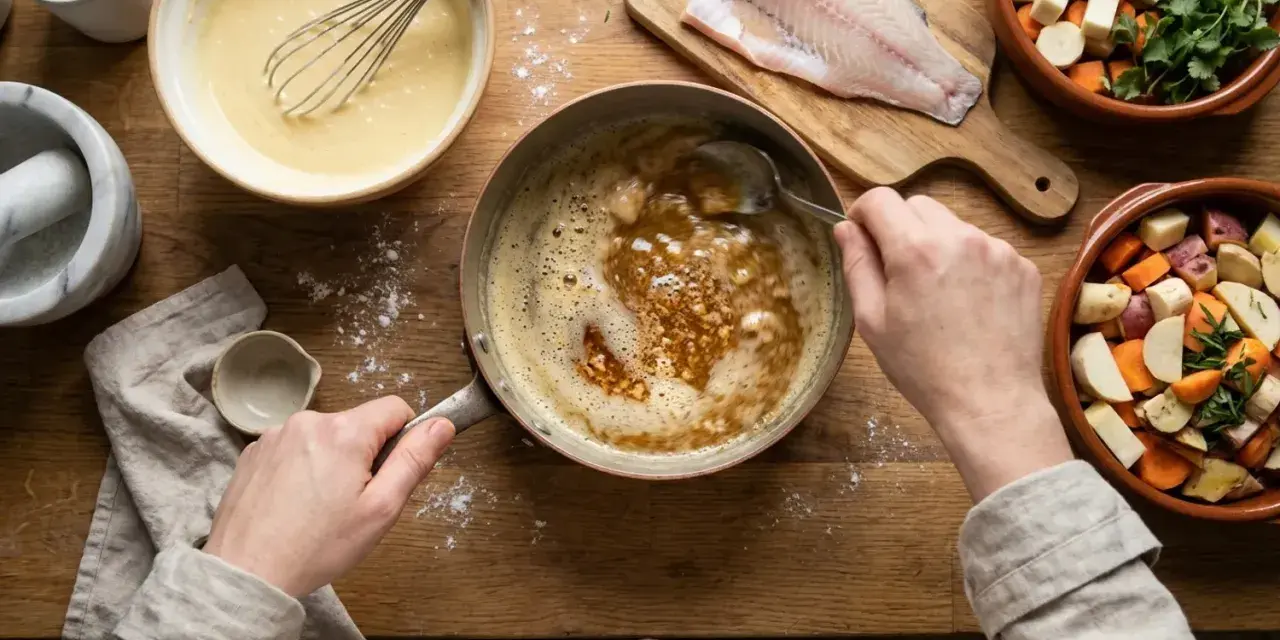 Une noisette de beurre fond dans une casserole, prête à sublimer le poisson et les légumes d'une préparation culinaire.