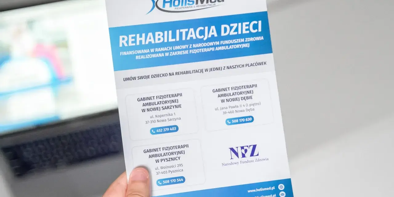 Ulotka "Rehabilitacja Dzieci NFZ" z danymi kontaktowymi gabinetów fizjoterapii.