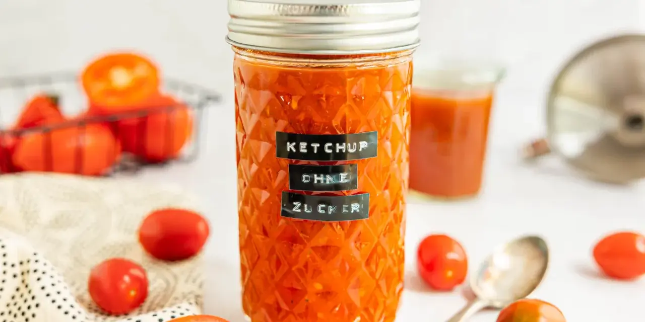 Glas mit selbstgemachtem Ketchup ohne Zucker, umgeben von frischen Tomaten. Ein Löffel liegt daneben.