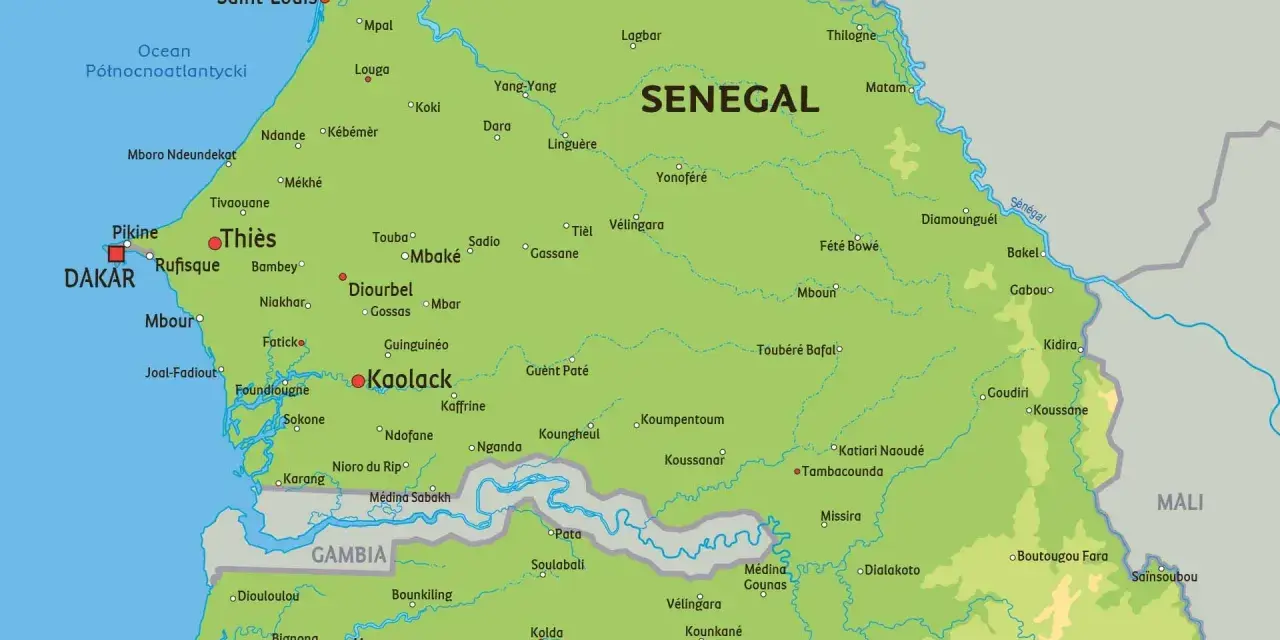 Mapa polityczna Senegalu, gdzie jest Senegal, z zaznaczonymi miastami jak Dakar, Saint-Louis i Ziguinchor.