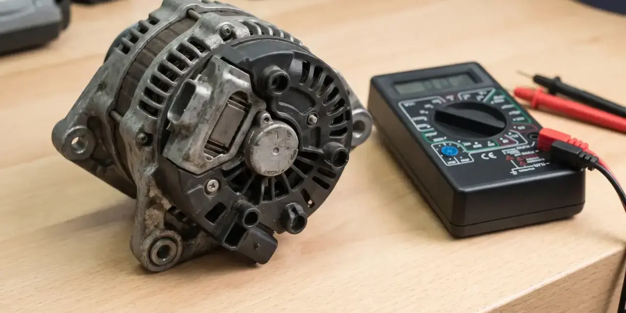 Uszkodzony regulator napięcia objawy: alternator i multimetr na drewnianym stole.