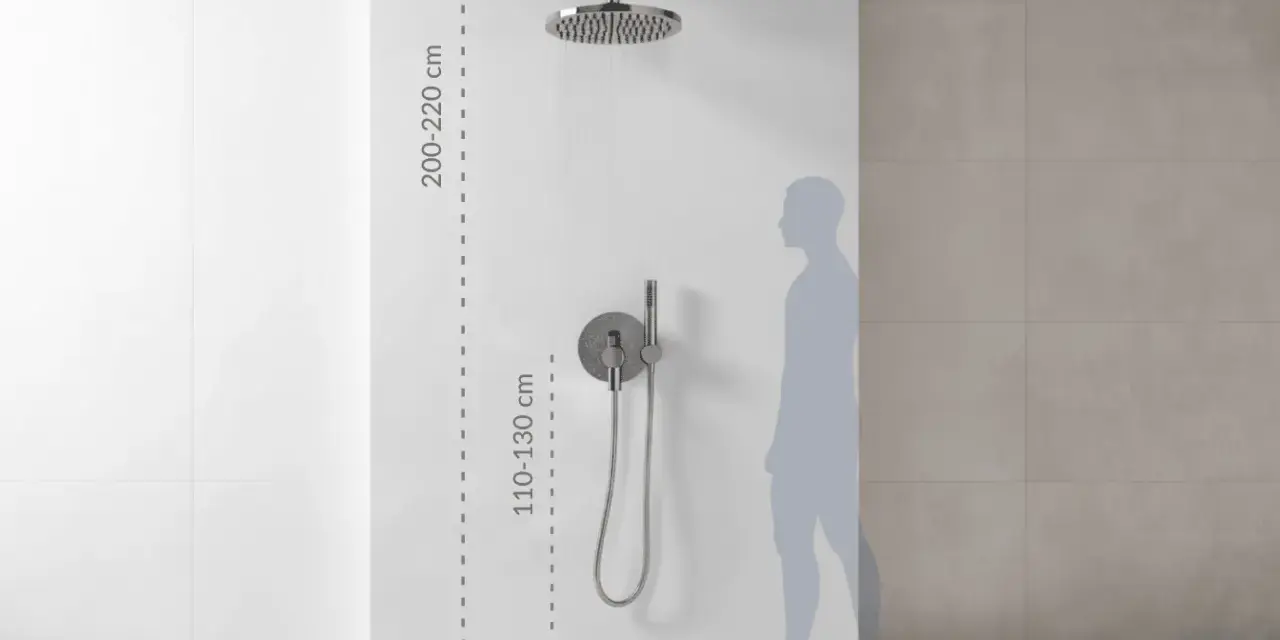 Wysokość baterii prysznicowej: deszczownica 200-220 cm, panel sterujący 110-130 cm. Sylwetka pokazuje idealne dopasowanie.