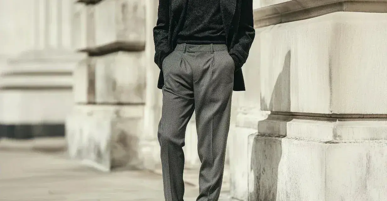 Uomo con outfit elegante: giacca scura, maglione nero e pantaloni chino grigi. Scarpe stringate lucide completano il look.