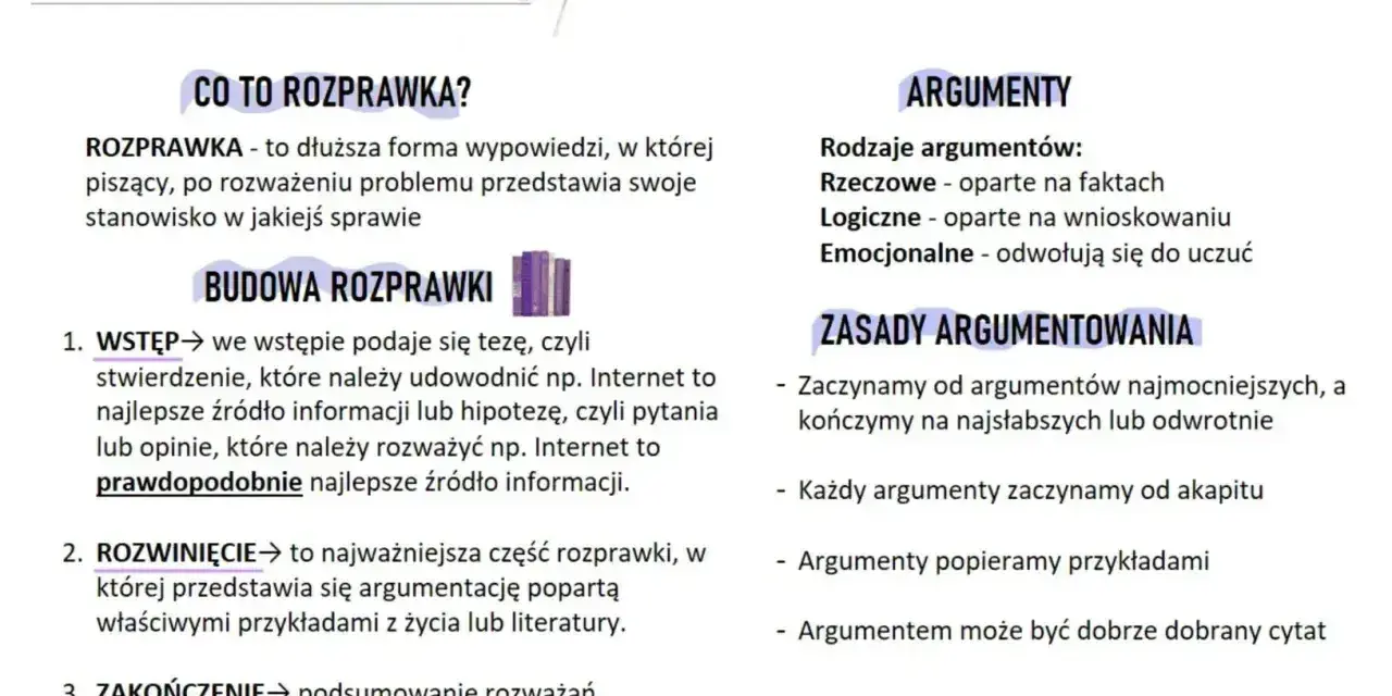Jak pisać rozprawkę: definicja, budowa (wstęp, rozwinięcie, zakończenie), rodzaje argumentów i zasady ich stosowania.