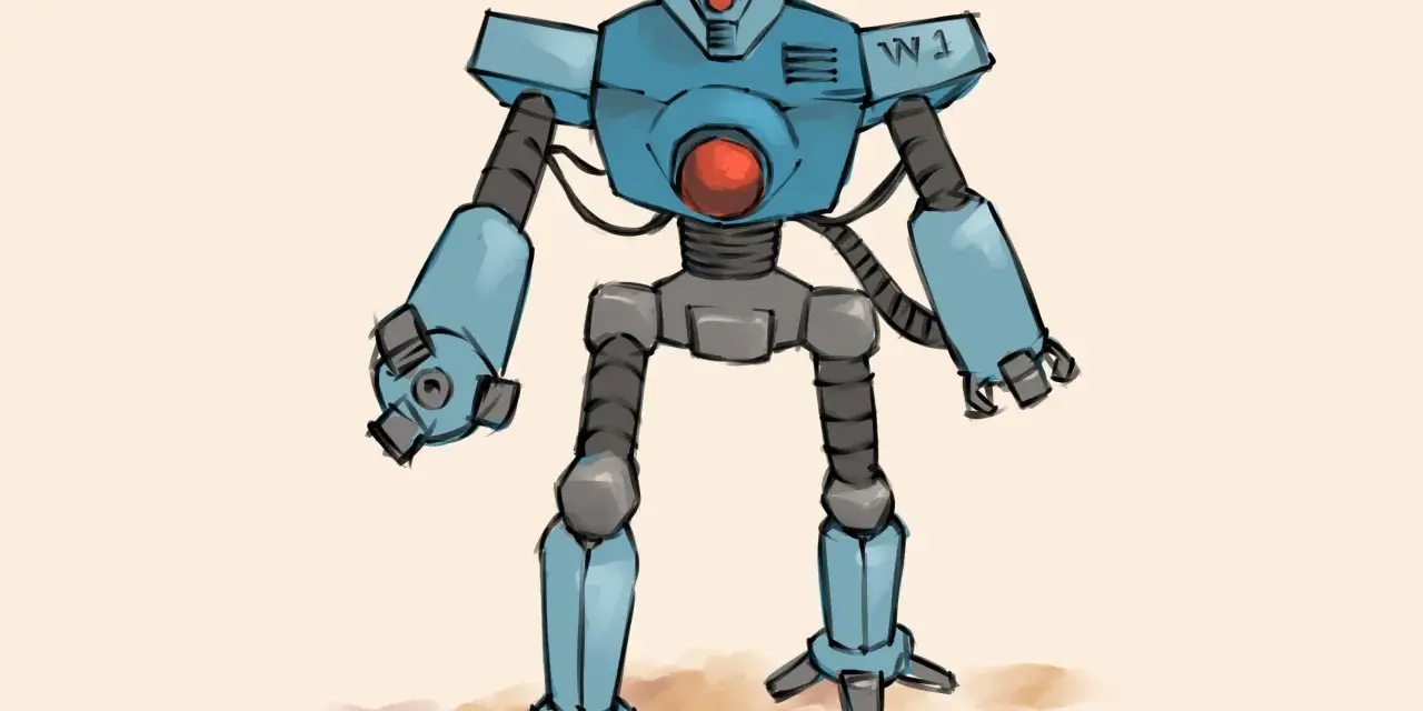 Niebieski robot z czerwonym okiem i brzuchem, z oznaczeniem "W1" na ramieniu. Dowiedz się, jak narysować robota krok po kroku.