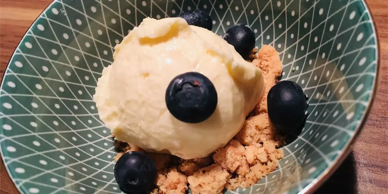 Cremiges Eis mit Blaubeeren und Streuseln in einer grünen Schale. Sojalecithin Verwendung macht das Eis besonders zart.